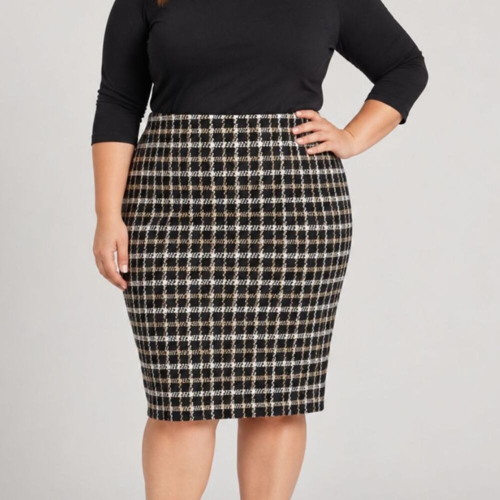 NWT J.Jill Ponte Pencil Skirt 3X Black Camel Plaid Fall Stretch Plus Size Career